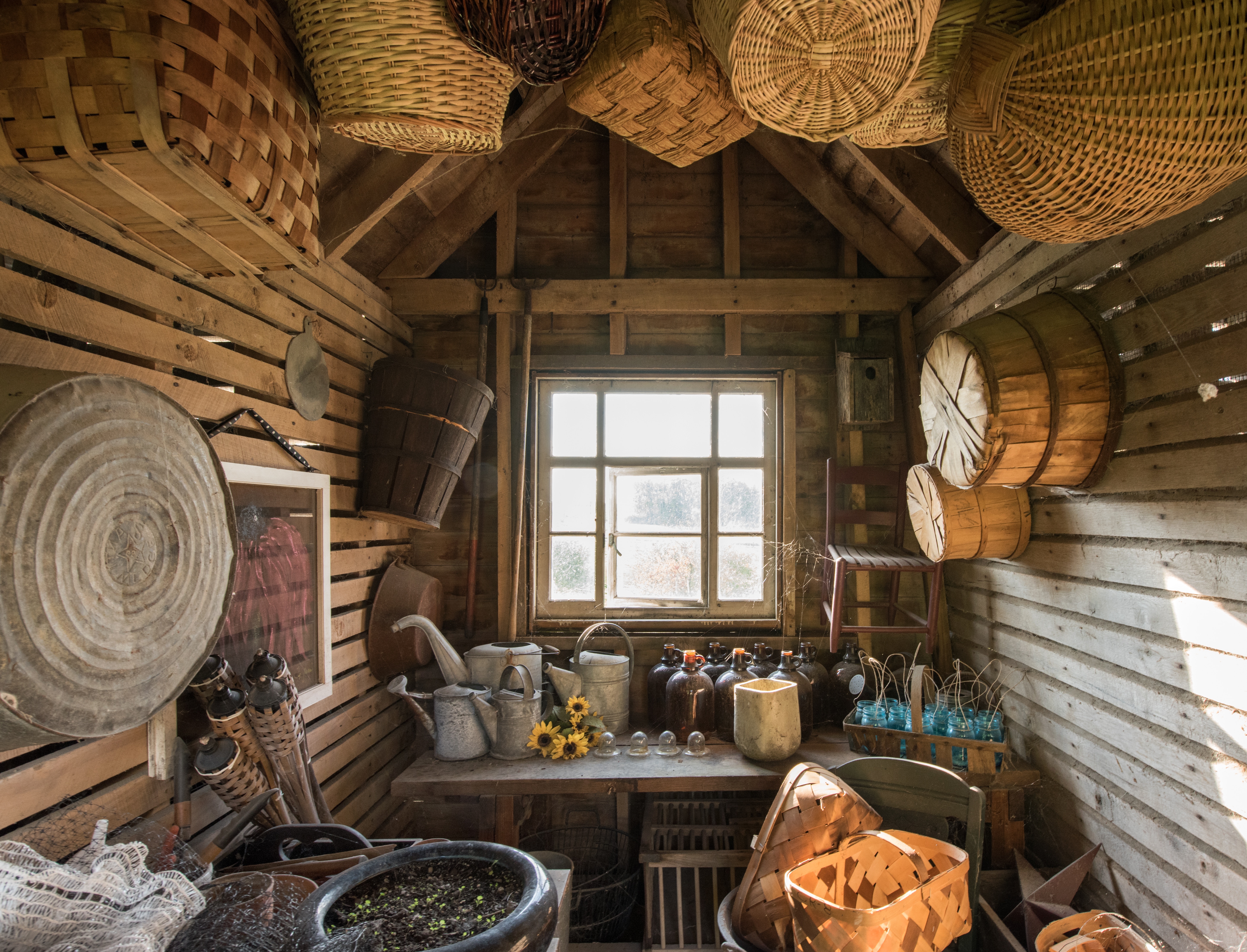 Intérieur d'un abri de jardin en bois